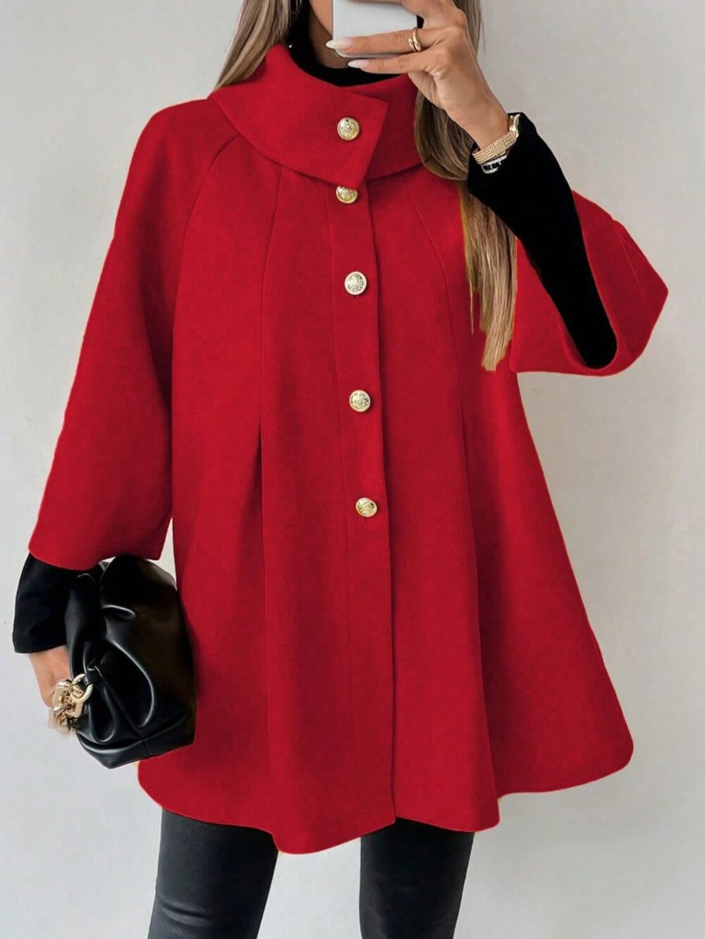 Red Casual Women's High Neck Single-Breasted Open Front Raglan Sleeve Overcoat